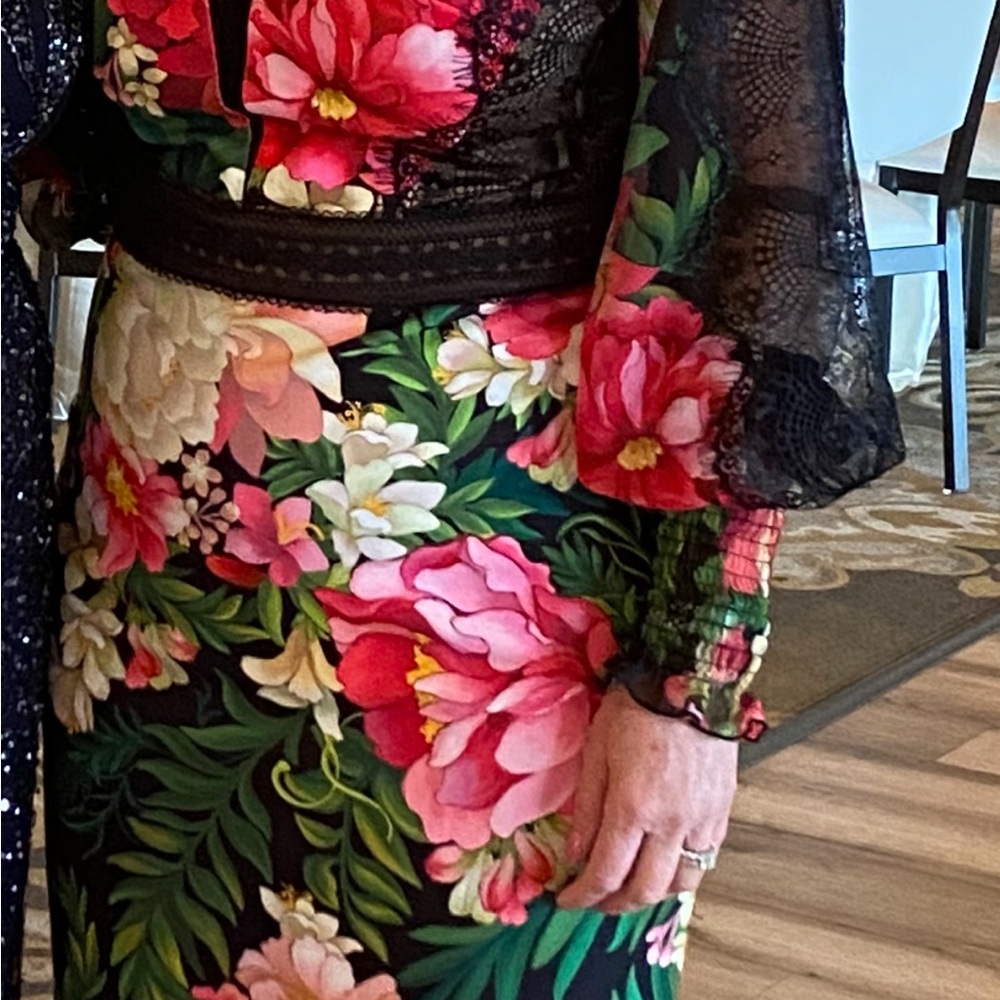 Tadashi Shoji Black Dress with Pink and Green Details